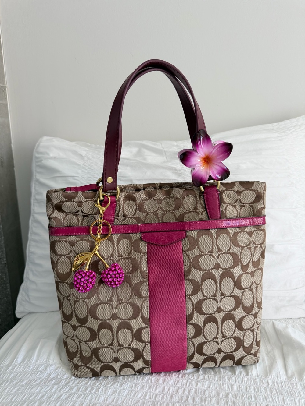 Vintage Coach Pink Signature Stripe Tote Bag w/Gold Hardware